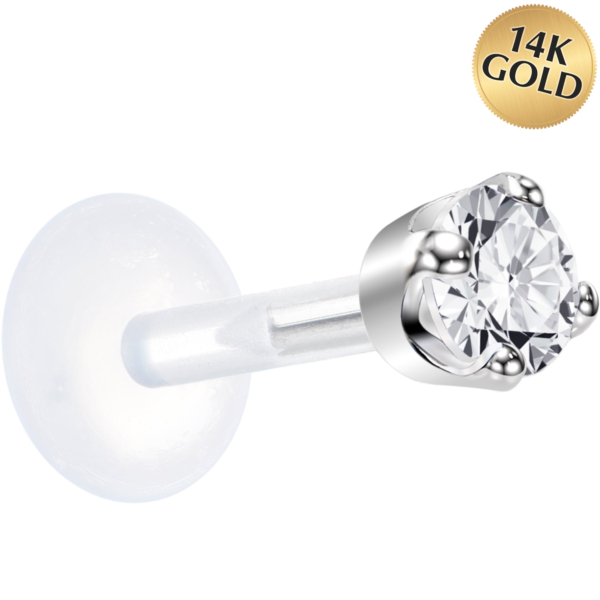 16G 1/4 Solid 14K White Gold 3mm Clear Cubic Zirconia Bioplast Tragus Earring Stud