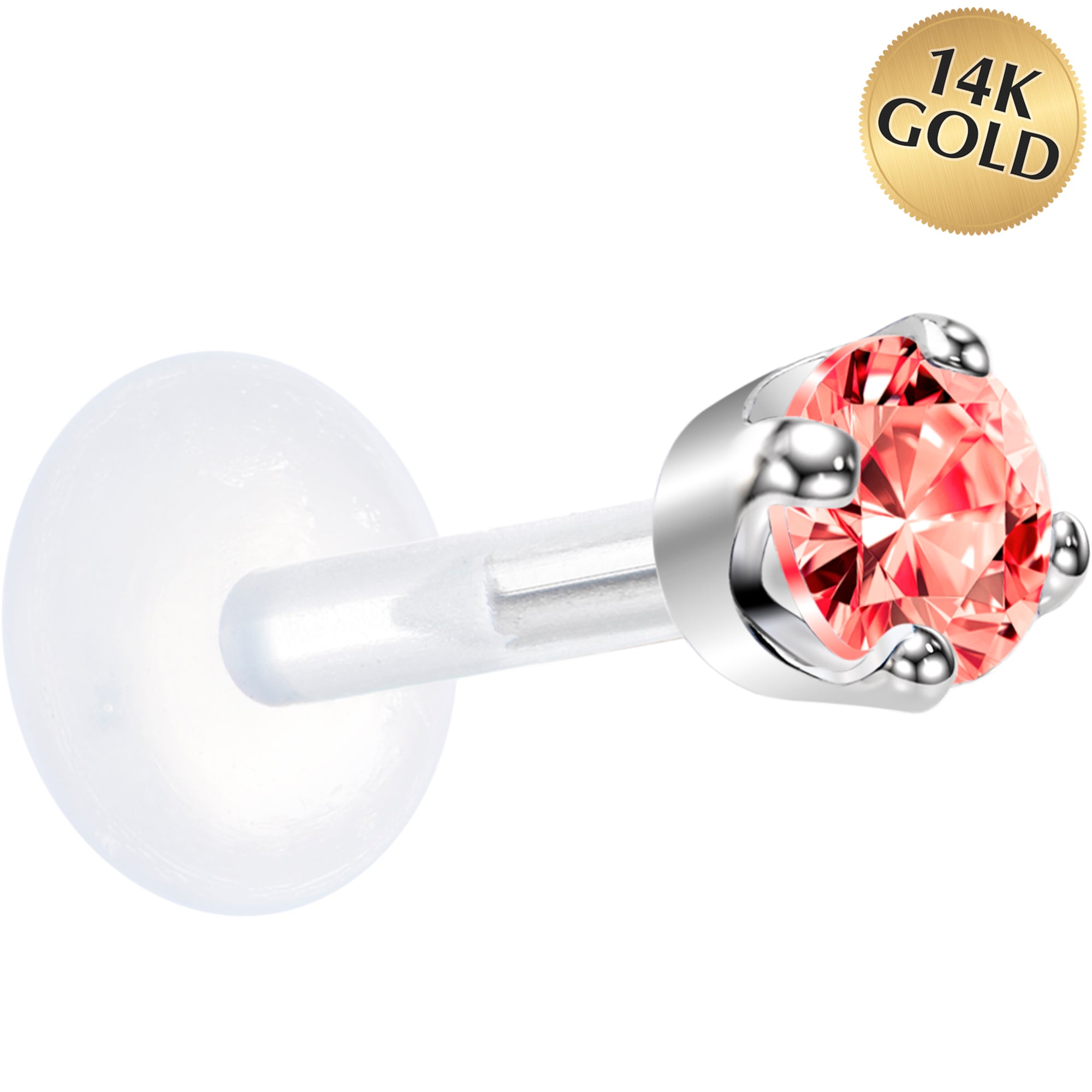 16G 1/4 Solid 14K White Gold 3mm Salmon Cubic Zirconia Bioplast Tragus Earring Stud