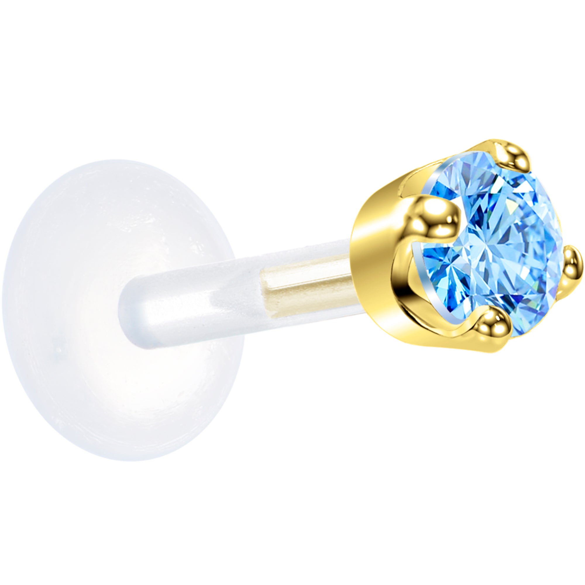 16G 1/4 Solid 14K Yellow Gold 3mm Plexi Blue Cubic Zirconia Bioplast Tragus Earring Stud