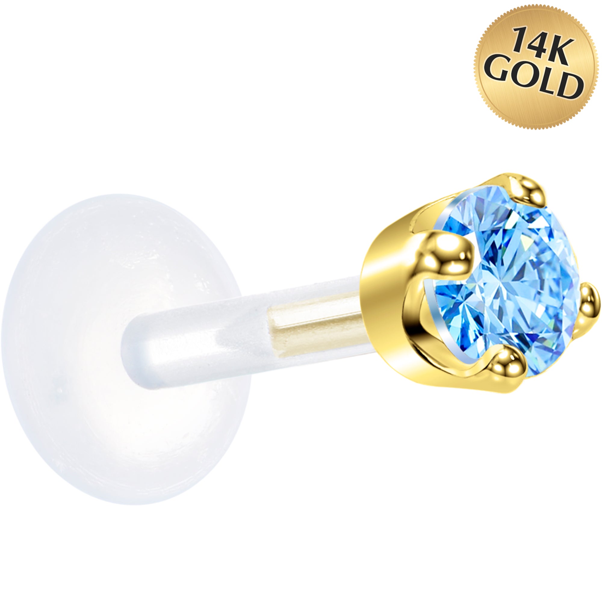 16G 1/4 Solid 14K Yellow Gold 3mm Plexi Blue Cubic Zirconia Bioplast Tragus Earring Stud