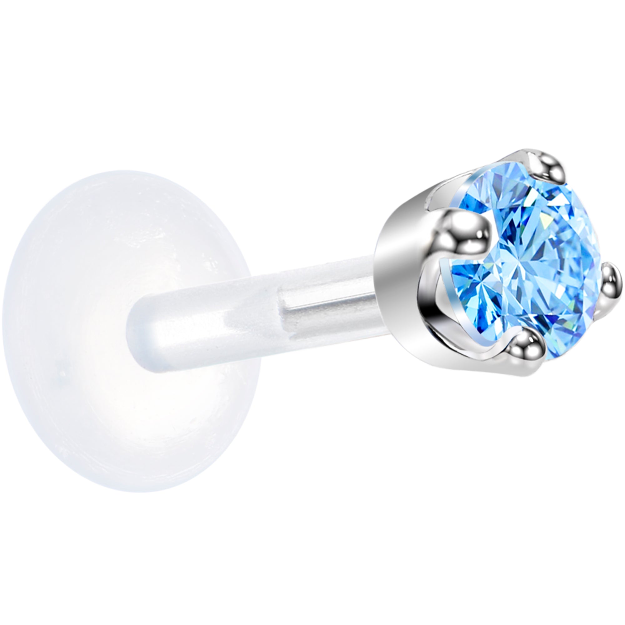 16G 1/4 Solid 14K White Gold 3mm Plexi Blue Cubic Zirconia Bioplast Tragus Earring Stud
