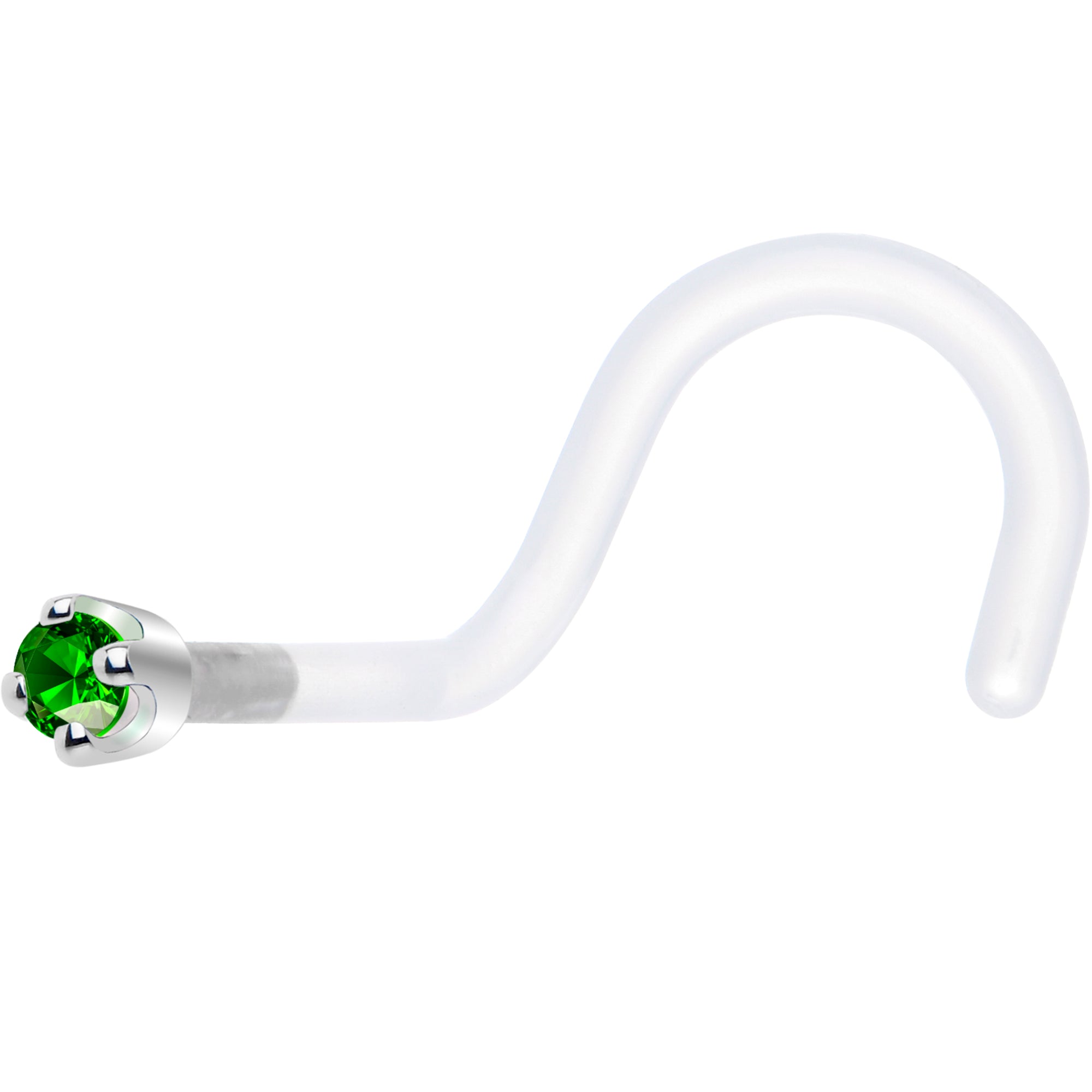 18G 1/4 White Gold 1.5mm Green Cubic Zirconia Bioplast Nose Ring