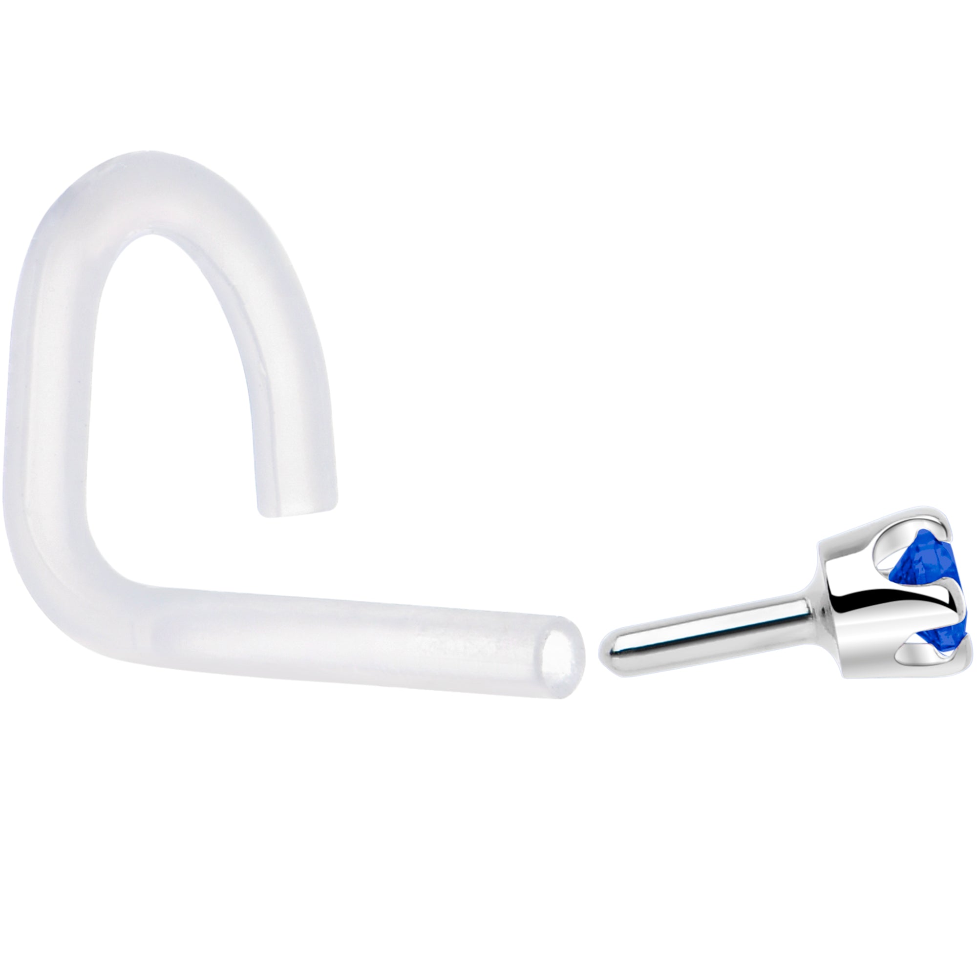 18G 1/4 White Gold 1.5mm Blue Cubic Zirconia Bioplast Nose Ring