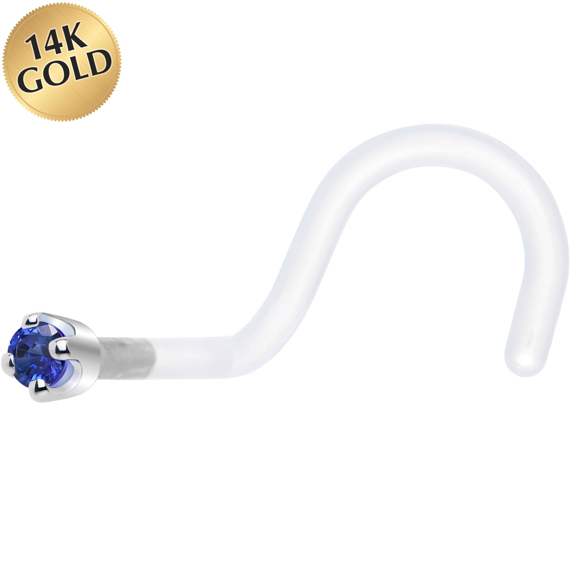 18G 1/4 White Gold 1.5mm Blue Cubic Zirconia Bioplast Nose Ring