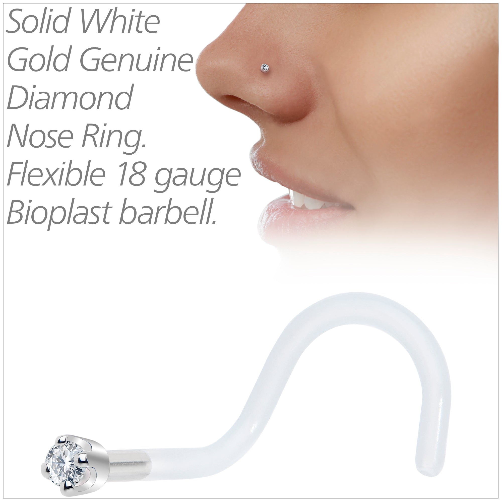 18G 1/4 White Gold 1.5mm Genuine Diamond Bioplast Nose Ring