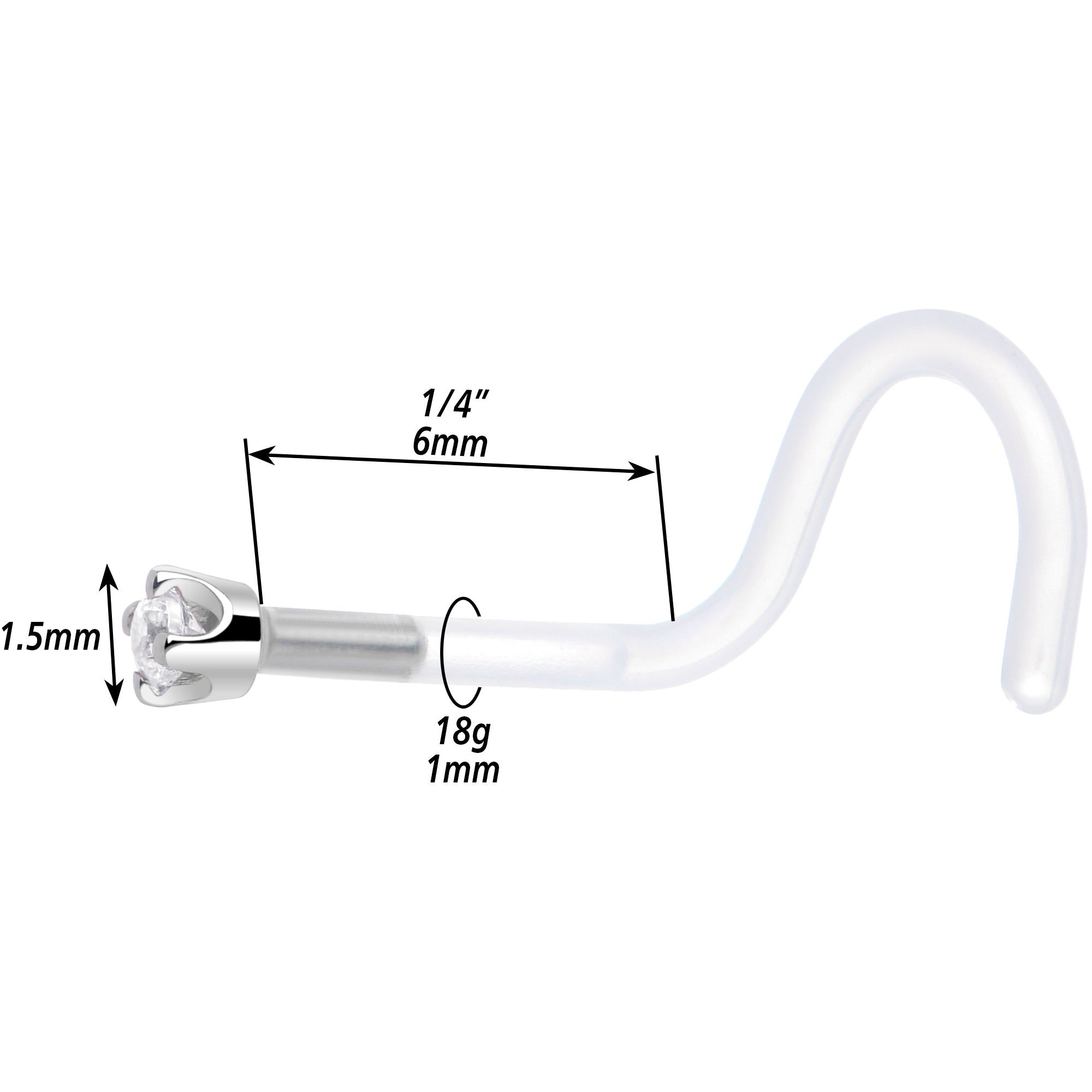 18G 1/4 White Gold 1.5mm Genuine Diamond Bioplast Nose Ring