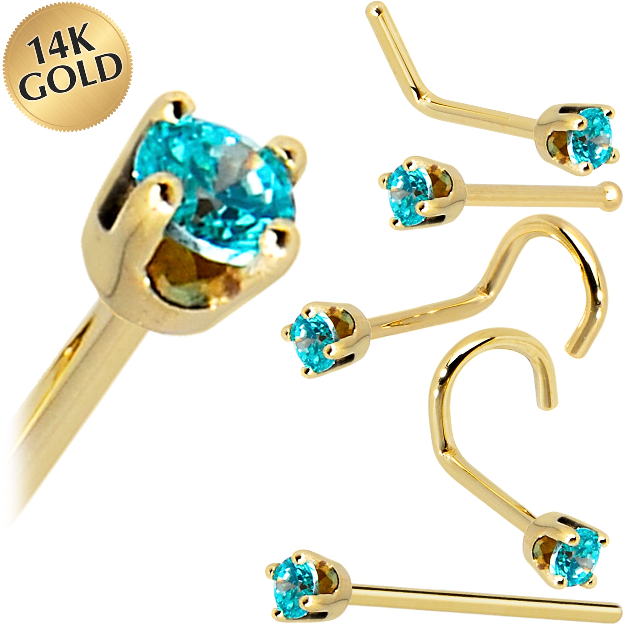 Solid 14KT yellow gold mint green cubic zirconia nose ring