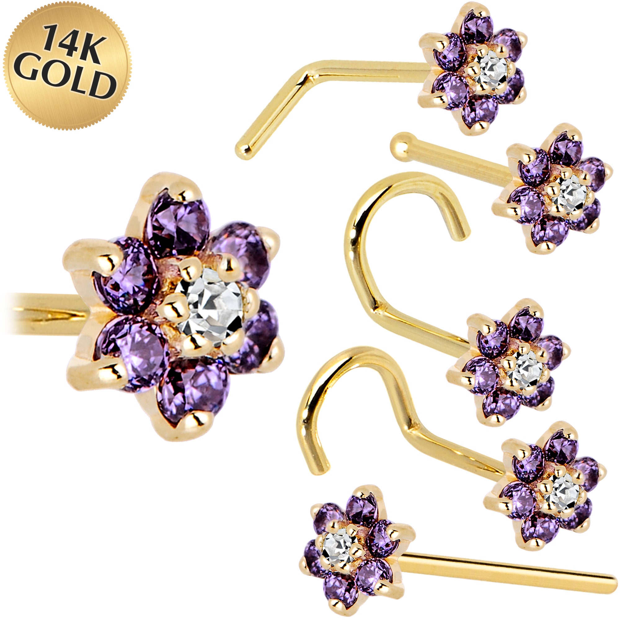 Solid 14KT yellow gold amethyst flower nose ring