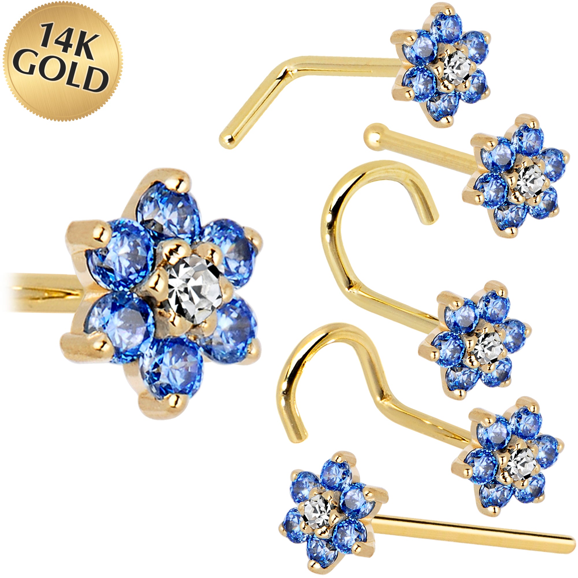14KT yellow gold arctic blue cubic zirconia flower nose ring