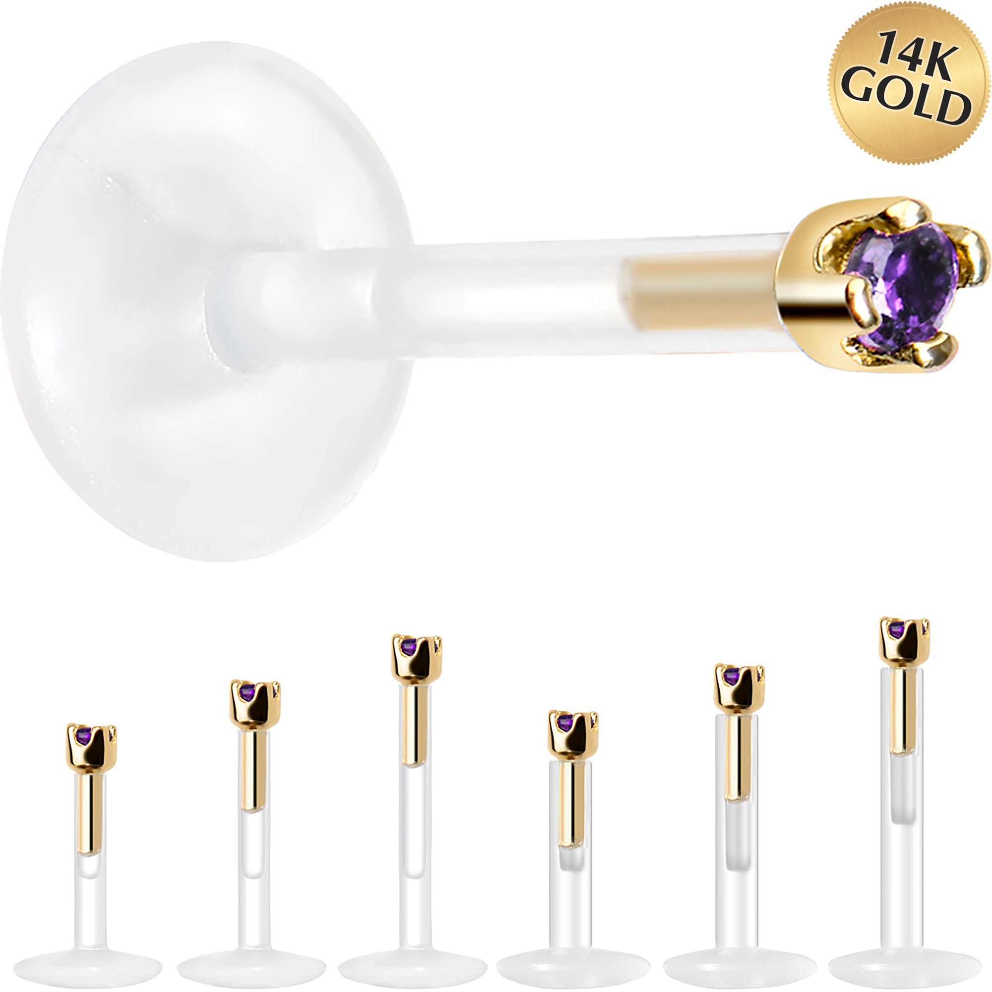 Solid 14K Yellow Gold February 1.5mm CZ Bioplast Push in Labret Monroe