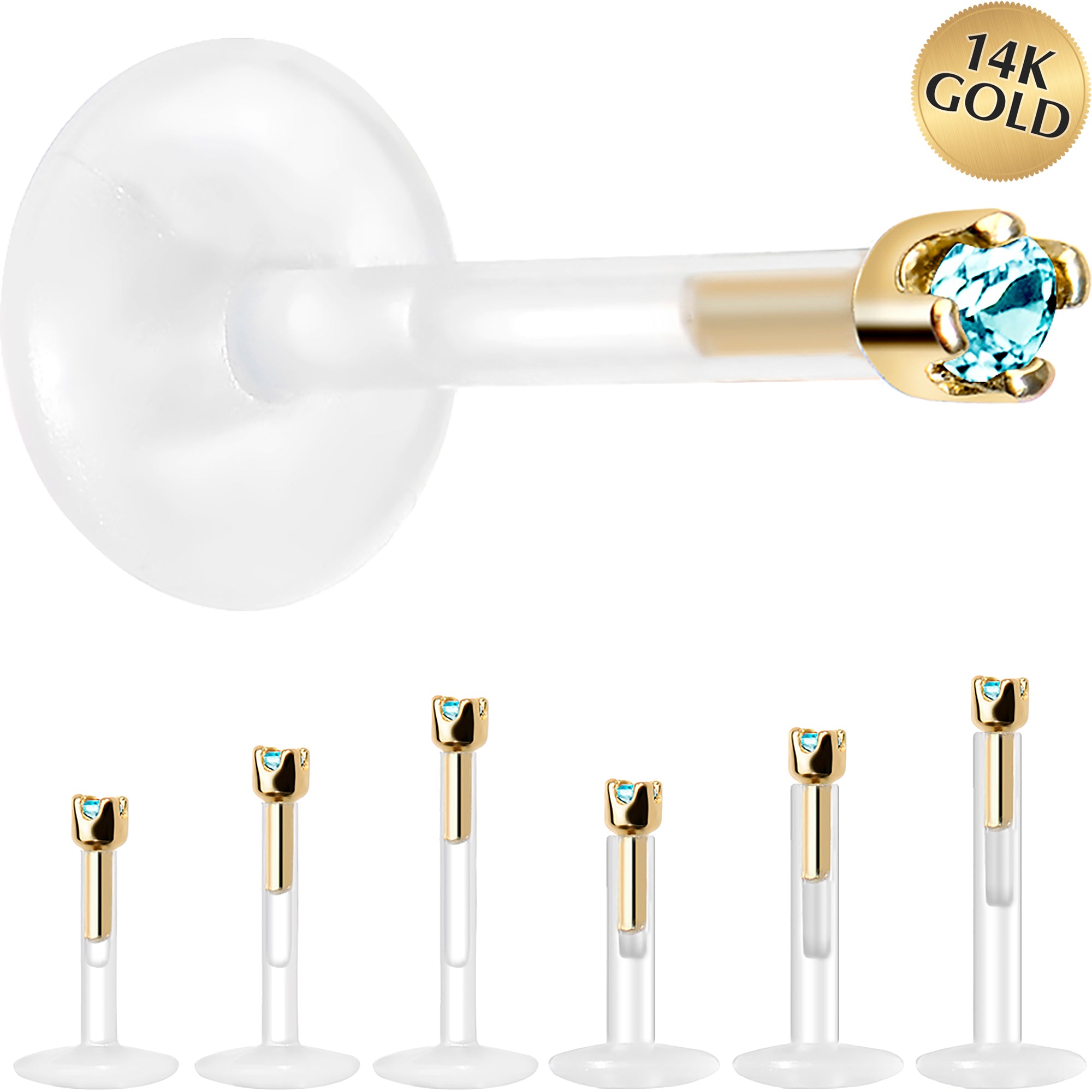 Solid 14K Yellow Gold March 1.5mm CZ Bioplast Push in Labret Monroe