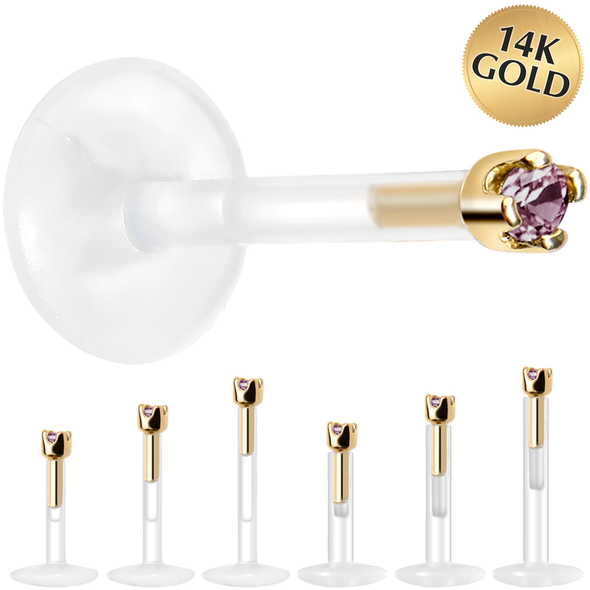 Solid 14K Yellow Gold June 1.5mm CZ Bioplast Push in Labret Monroe