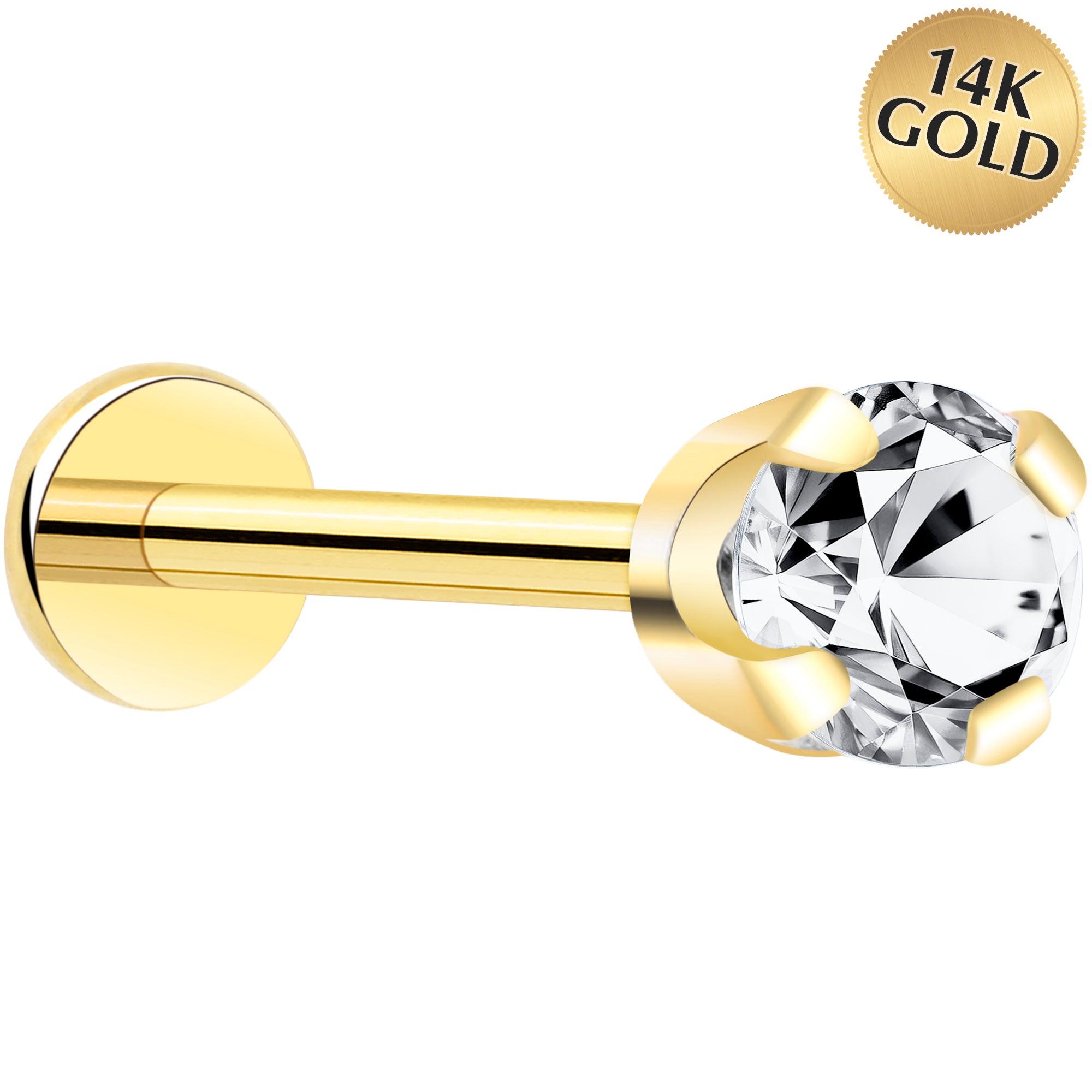 14k yellow gold flat back earring with 3mm cubic zirconia