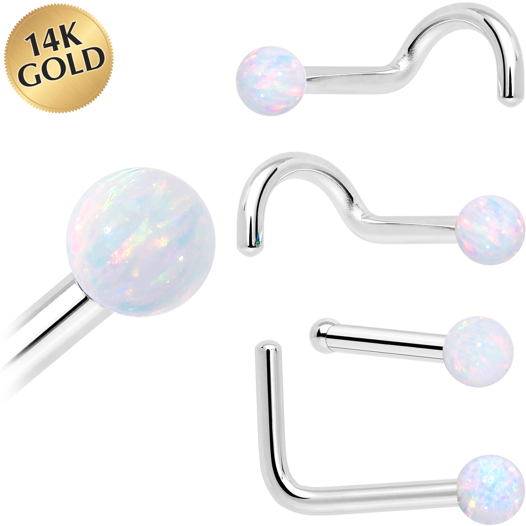 14k White Gold 20 Gauge Nose Ring with Synthetic Opal Ball