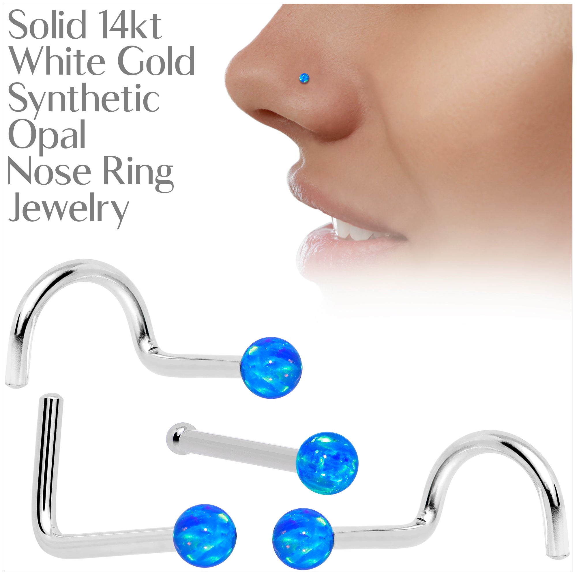 14k White Gold 2.5mm Blue Synthetic Opal Ball Nose Ring