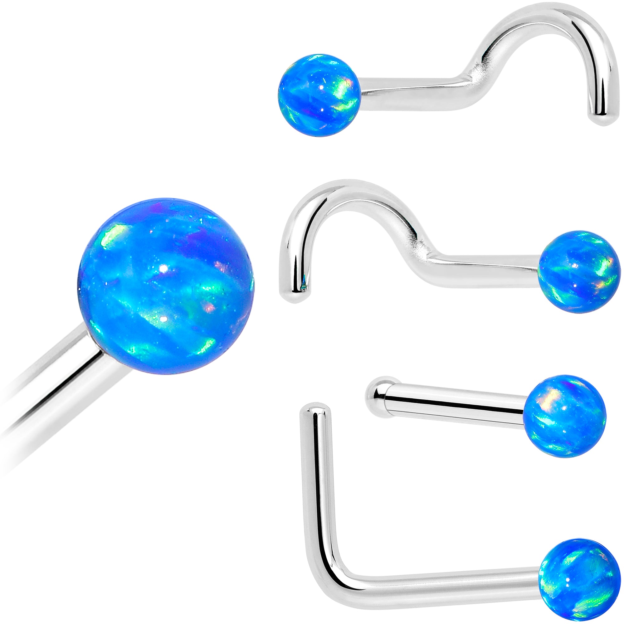 Handmade 20 Gauge 14k White Gold Blue Synthetic Opal Ball Nose Ring