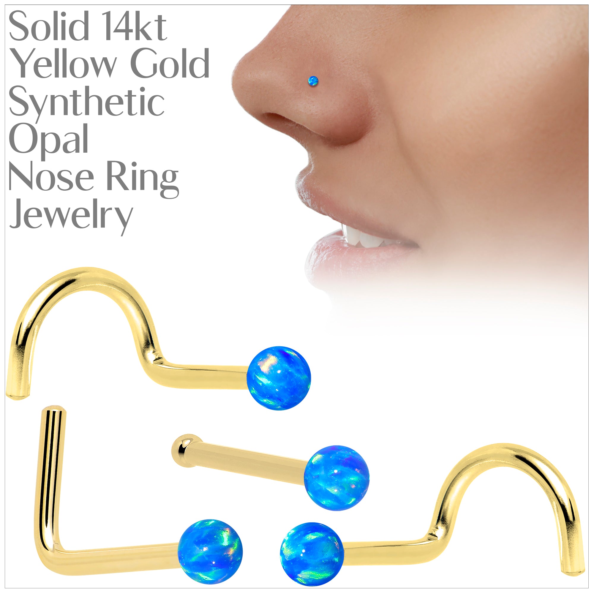 14k Yellow Gold 2.5mm Blue Synthetic Opal Ball Nose Ring