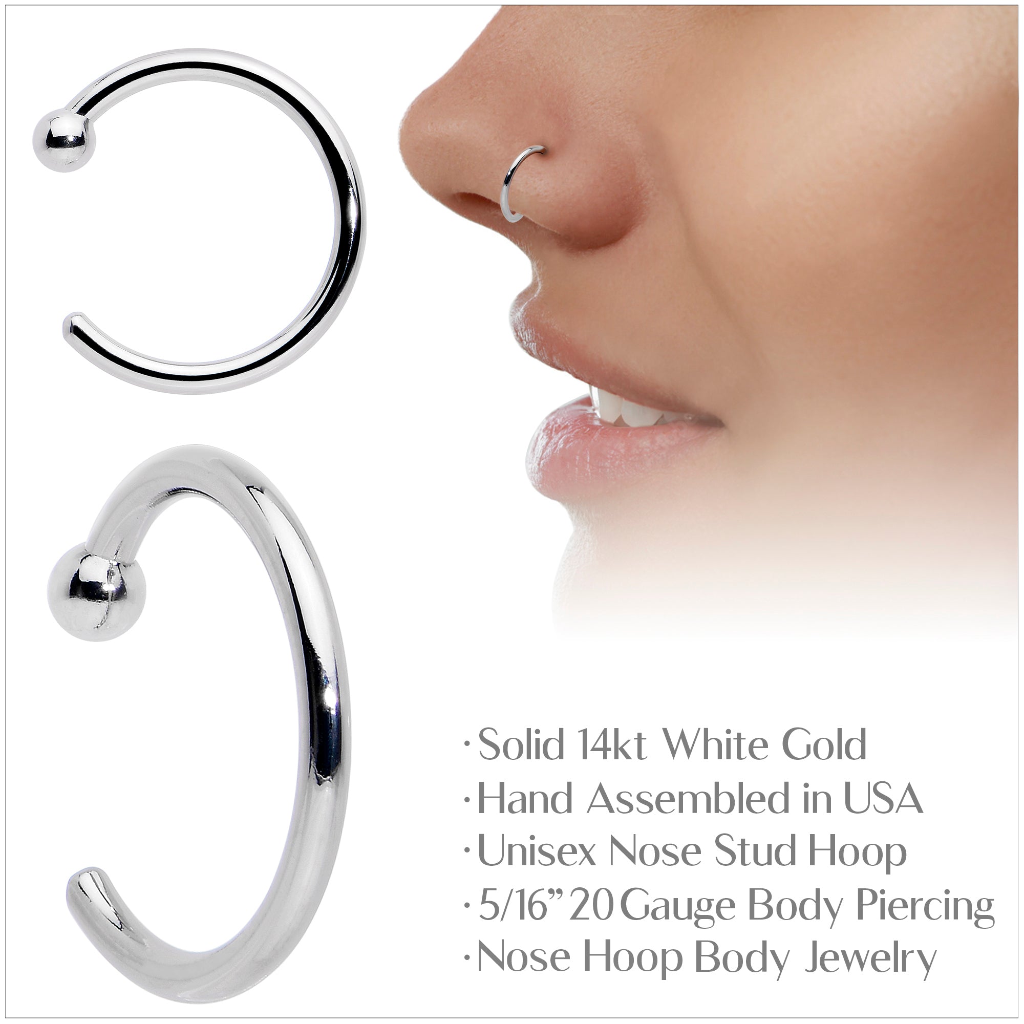 20G 5/16 Solid 14K White Gold Nose Hoop