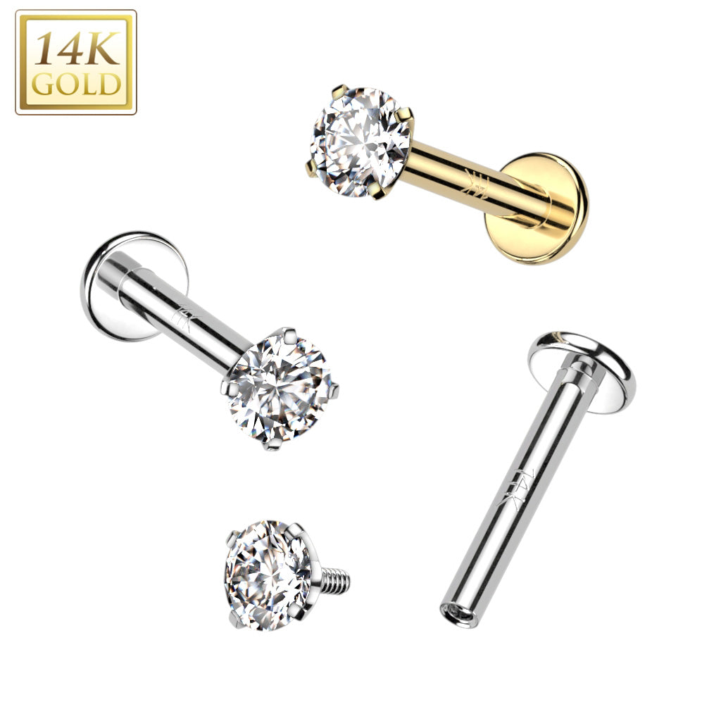 16G 1/4 Clear CZ Gem 14k Gold Prong Set 3mm Internally Threaded Labret Monroe Tragus