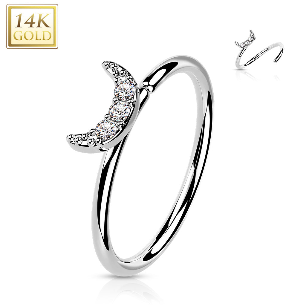 20G 5/16 Clear CZ Gem 14k Gold Crescent Moon Nose Hoop