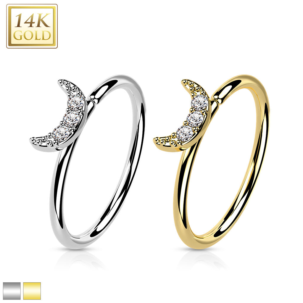 20G 5/16 Clear CZ Gem 14k Gold Crescent Moon Nose Hoop