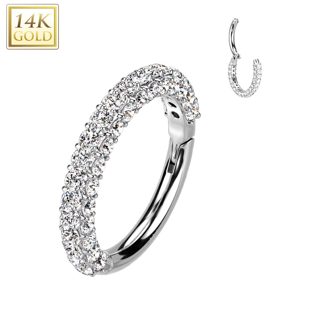 14k Solid Gold CZ Triple Sided Micro Gem Hinged Nose Hoop
