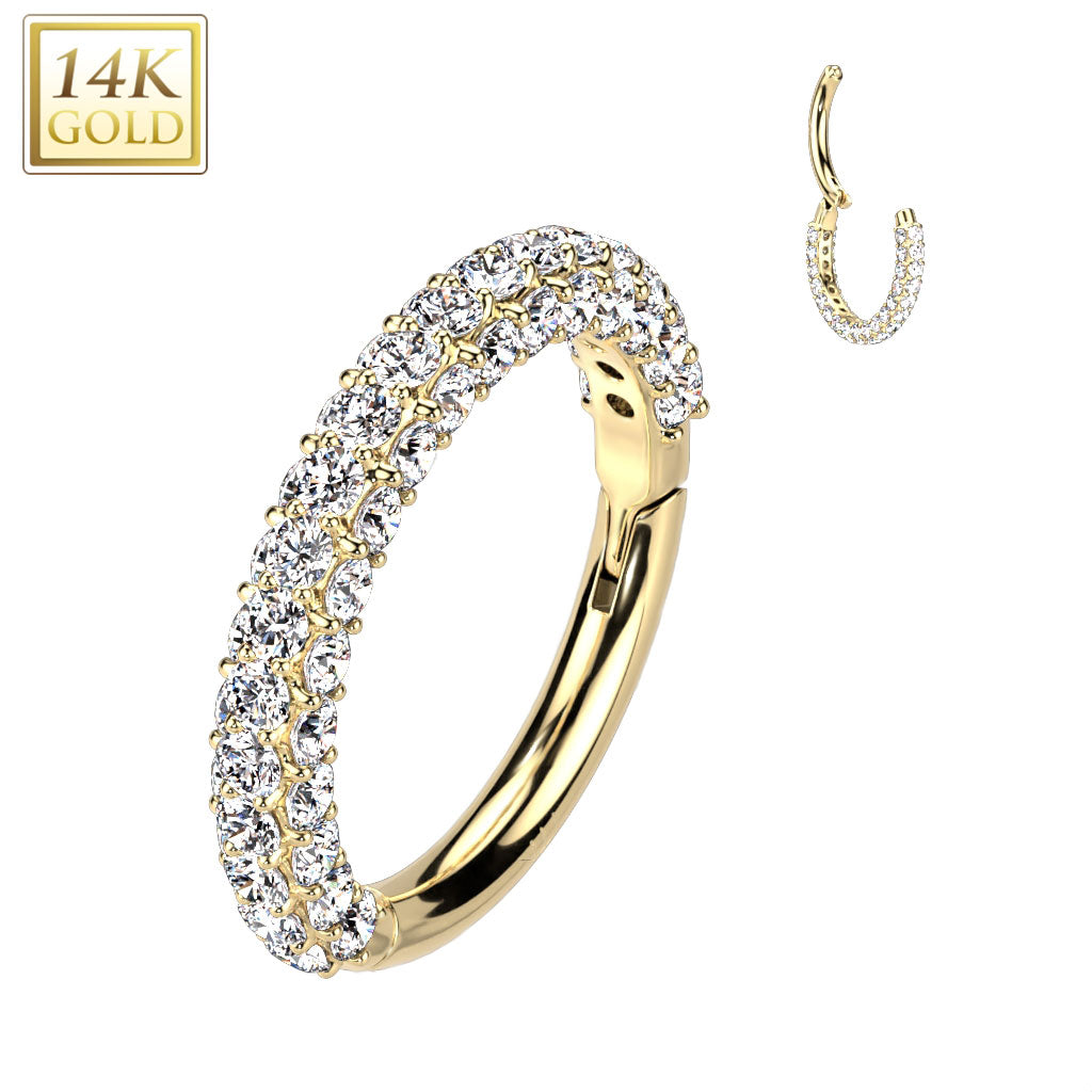 14k Solid Gold CZ Triple Sided Micro Gem Hinged Nose Hoop