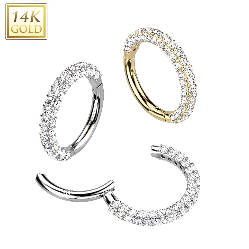 14k Solid Gold CZ Triple Sided Micro Gem Hinged Nose Hoop