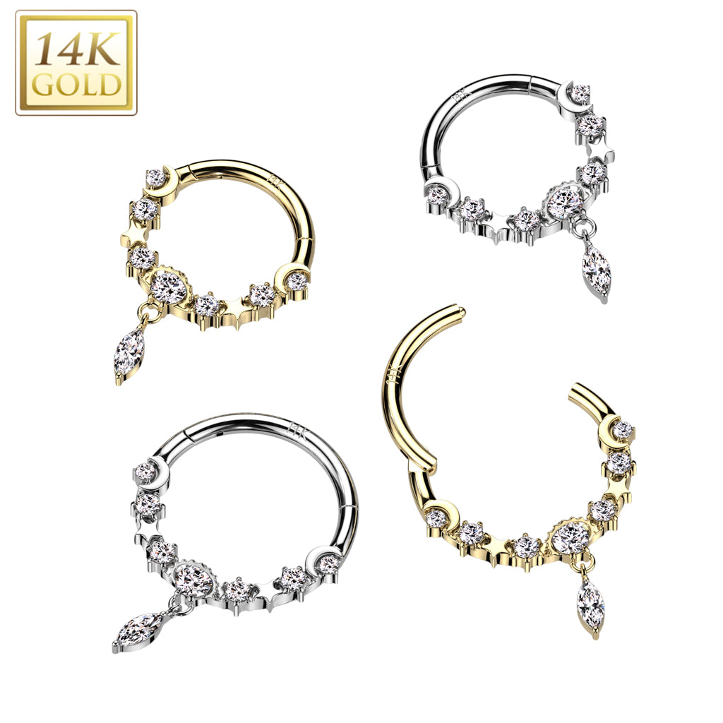 16G 5/16 Clear CZ Gem Solid 14k Gold Celestial Dangle Hinged Segment Ring