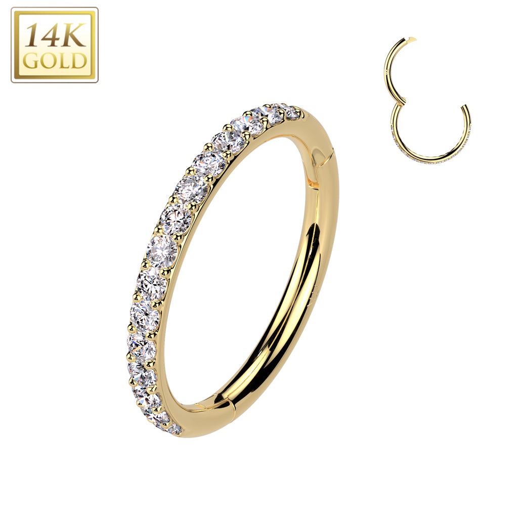 18G 5/16 Clear CZ Gem Solid 14k Gold Outward Facing Hinged Nose Hoop