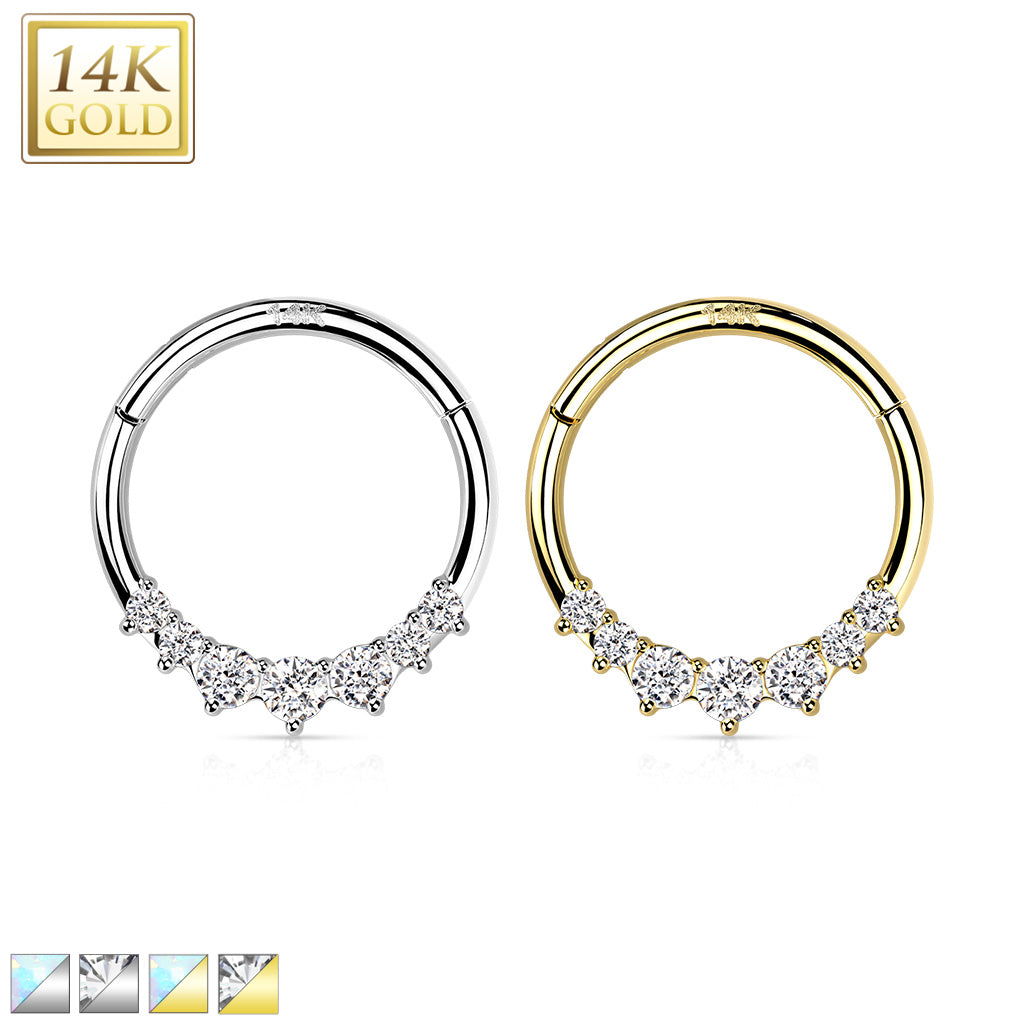 16G 5/16 Clear CZ Gem Solid 14k Gold Forward Facing Seven Hinged Segment Ring