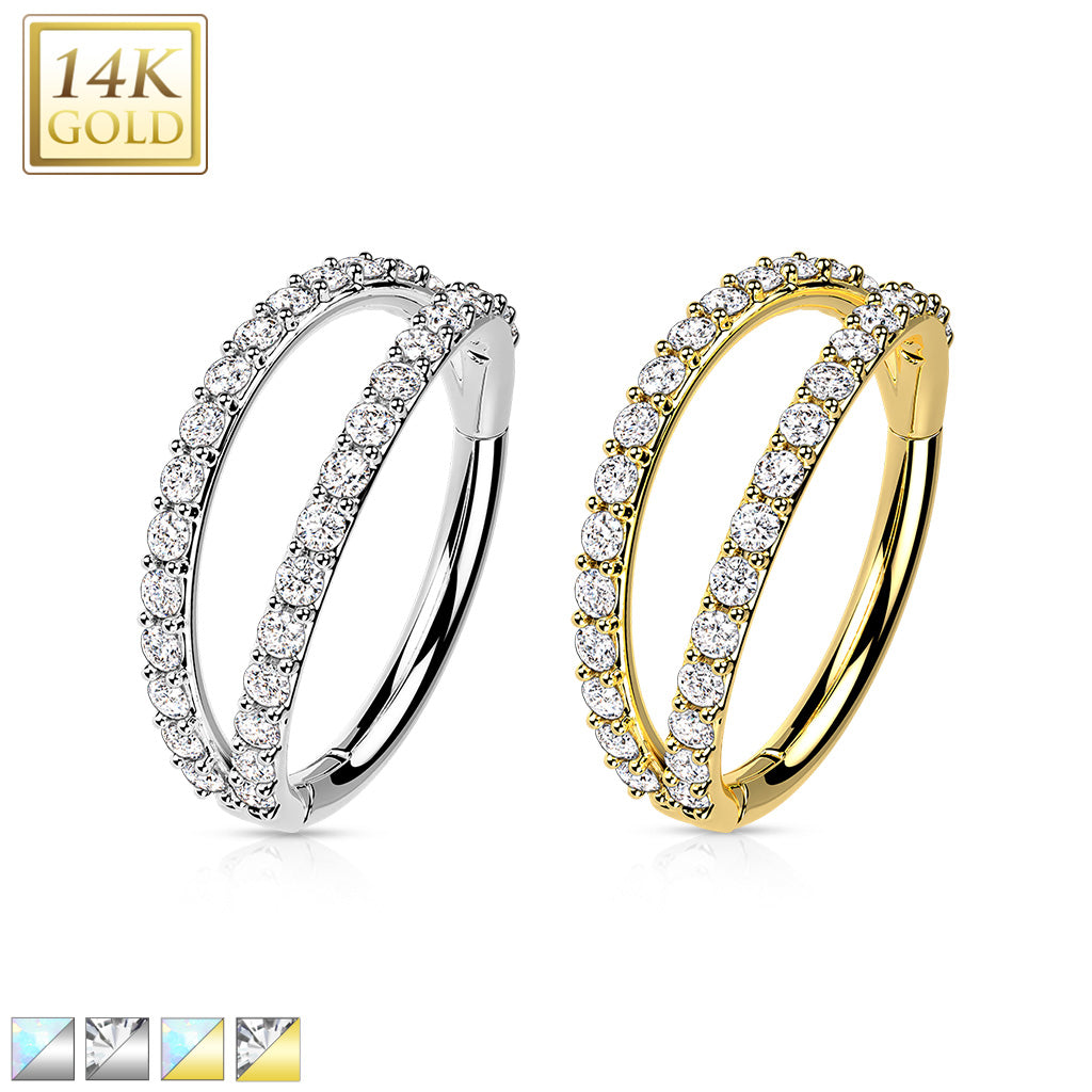 20G 5/16 Clear CZ Gem Solid 14k Gold Double Row Hinged Nose Hoop