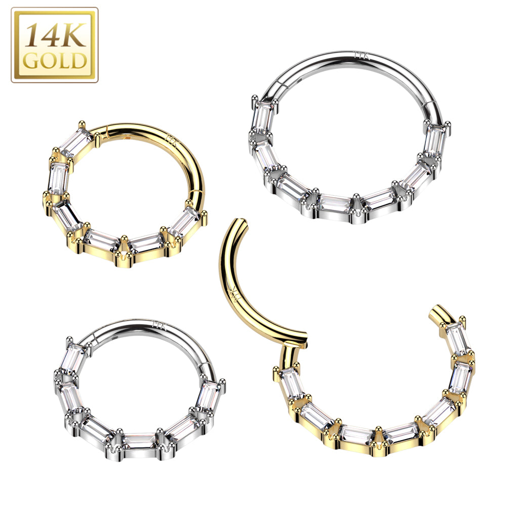 16G 5/16 Clear CZ Gem Solid 14k Gold Forward Facing Baguette Hinged Segment Ring