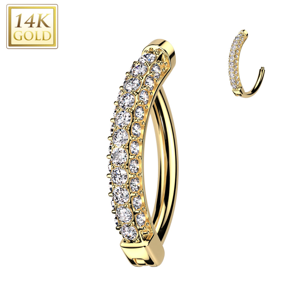 Clear CZ Gem Solid 14k Gold Triple Side Paved Clicker Hinged Hoop Belly Ring