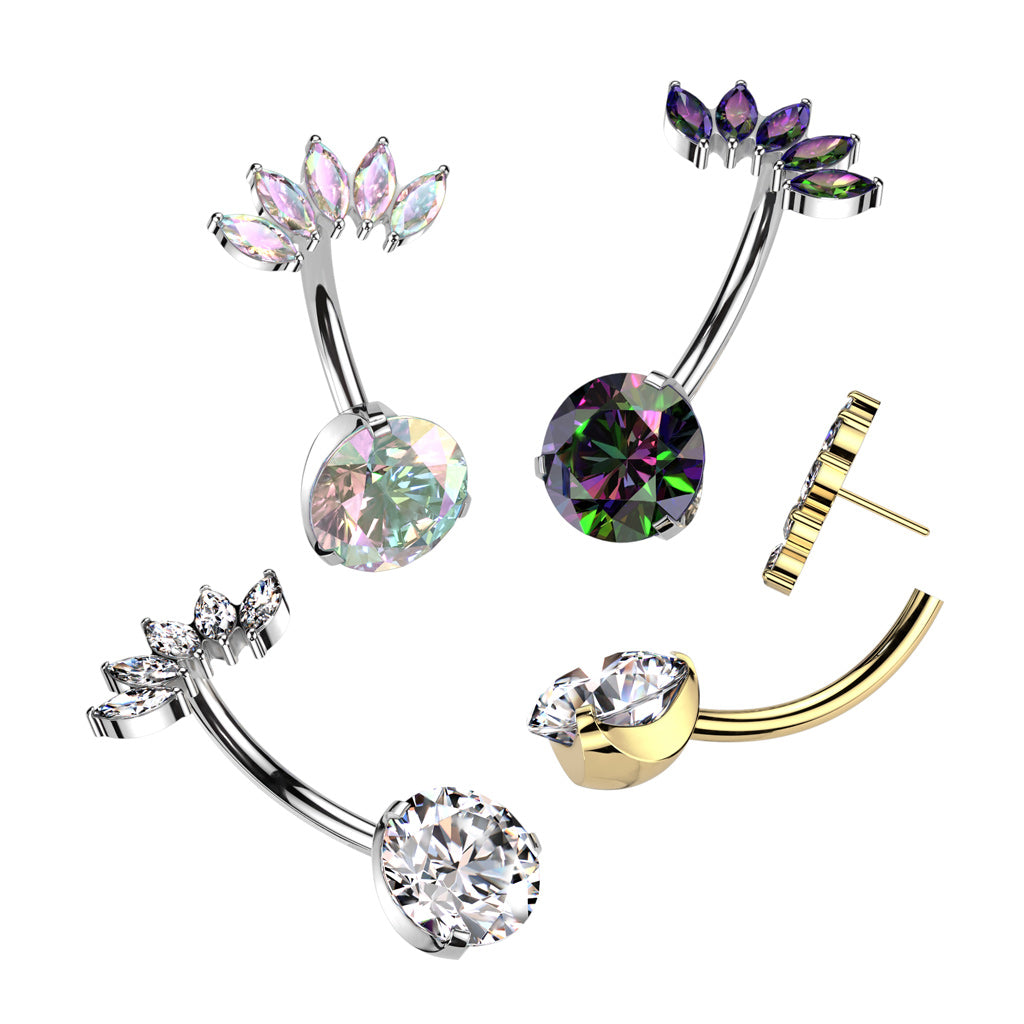 CZ Gem Implant Grade Titanium Threadless Fan Double Mount Belly Ring