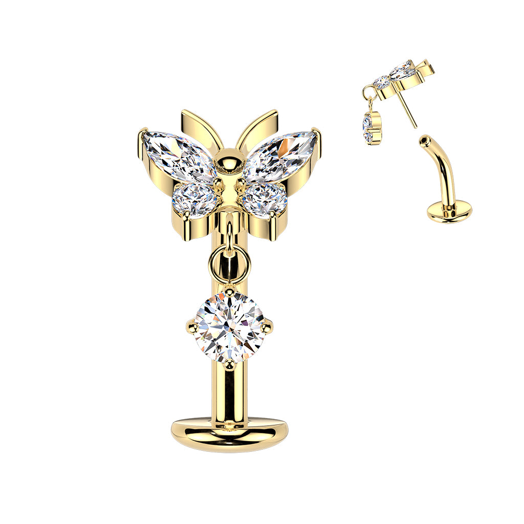 Clear CZ Gem Implant Grade Titanium Butterfly Threadless Dangle Floating Belly Ring