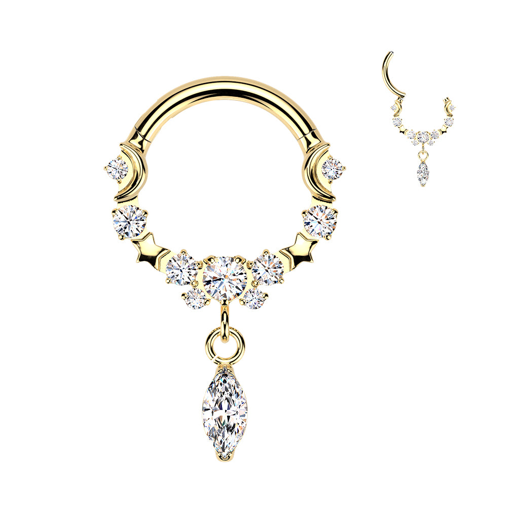 16G 5/16 CZ Gem Implant Grade Titanium Forward Facing Moons Dangle Hinged Segment Ring