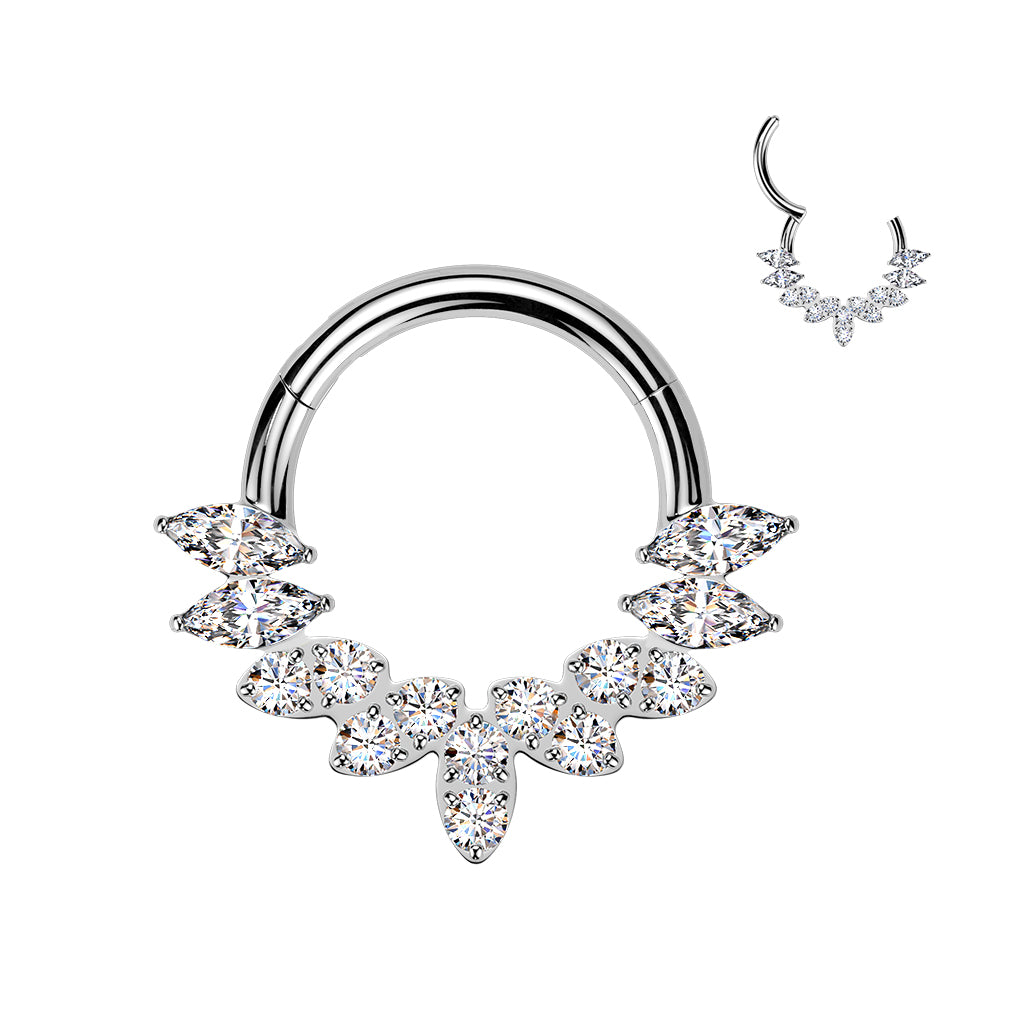 16G 5/16 Clear CZ Gem Implant Grade Titanium Forward Facing 9 Drop Fan Hinged Segment Ring