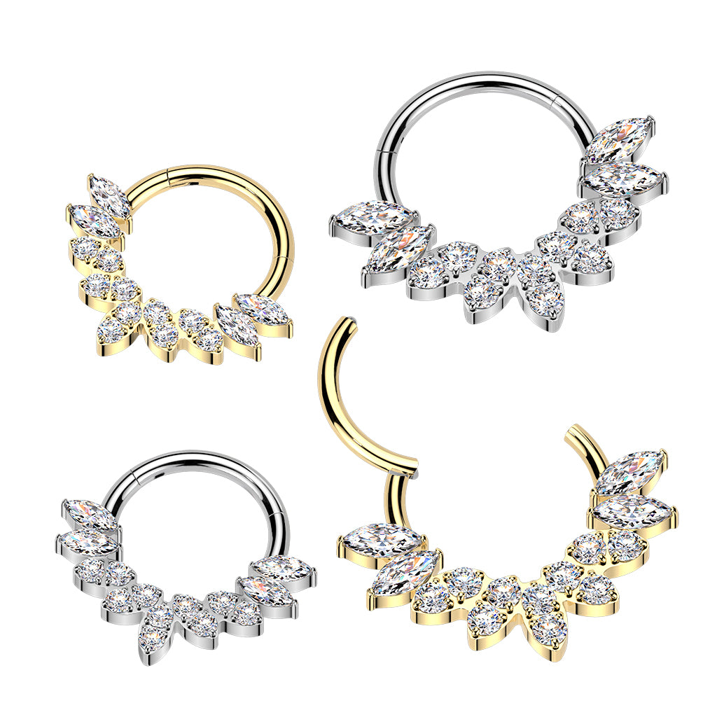 16G 5/16 Clear CZ Gem Implant Grade Titanium Forward Facing 9 Drop Fan Hinged Segment Ring