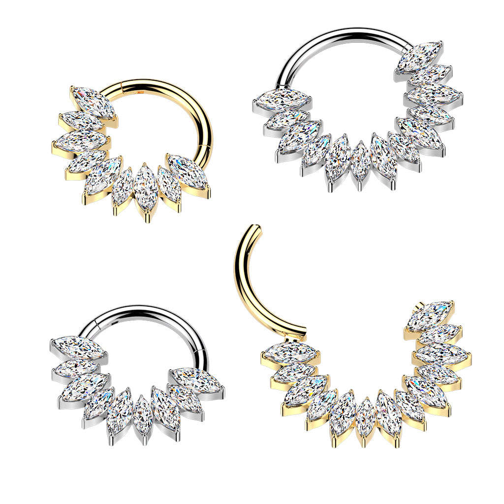 16G 5/16 Clear CZ Gem Implant Grade Titanium Forward Facing Glam Fan Hinged Segment Ring