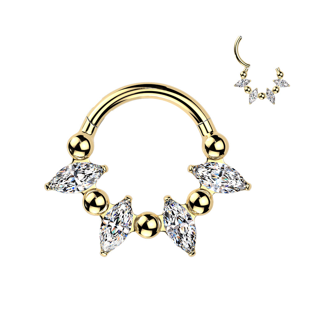 16G 5/16 Clear CZ Gem Implant Grade Titanium Forward Facing 5 Drop Ball Hinged Segment Ring