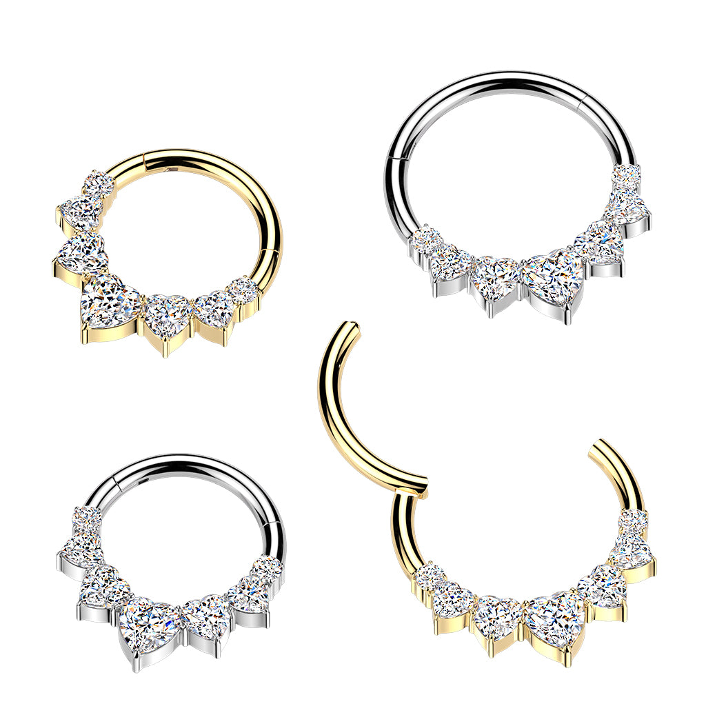 16G 5/16 Implant Grade Titanium Forward Facing CZ Love of Hearts Hinged Segment Ring