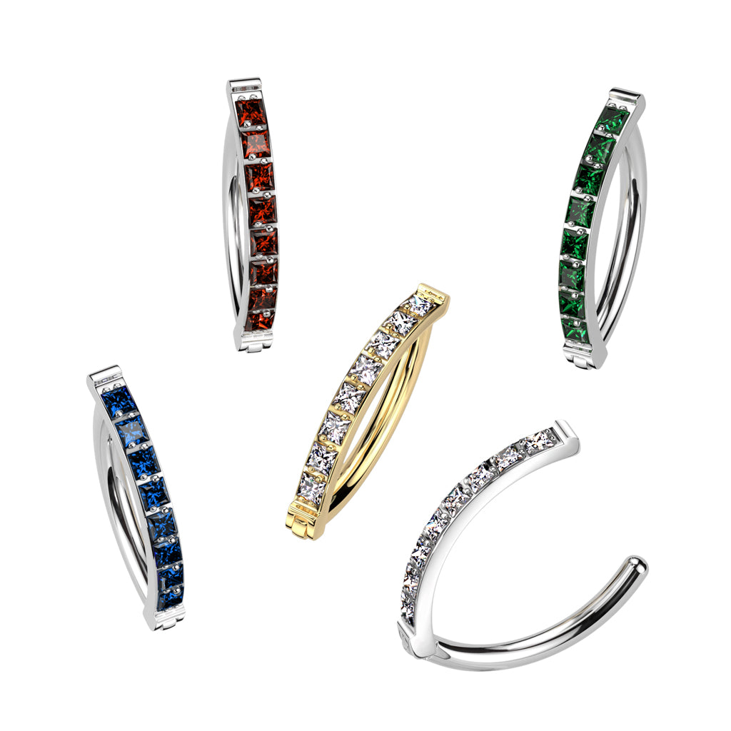 CZ Gem Implant Grade Titanium Paved Square Hinged Hoop Belly Ring