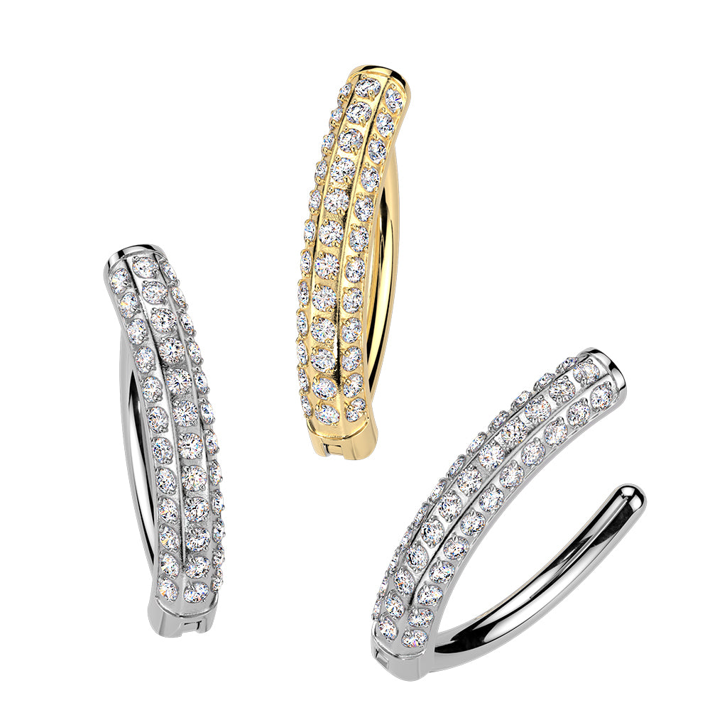 Clear CZ Gem Implant Grade Titanium Triple Line Forward Facing Hinged Hoop Belly RIng