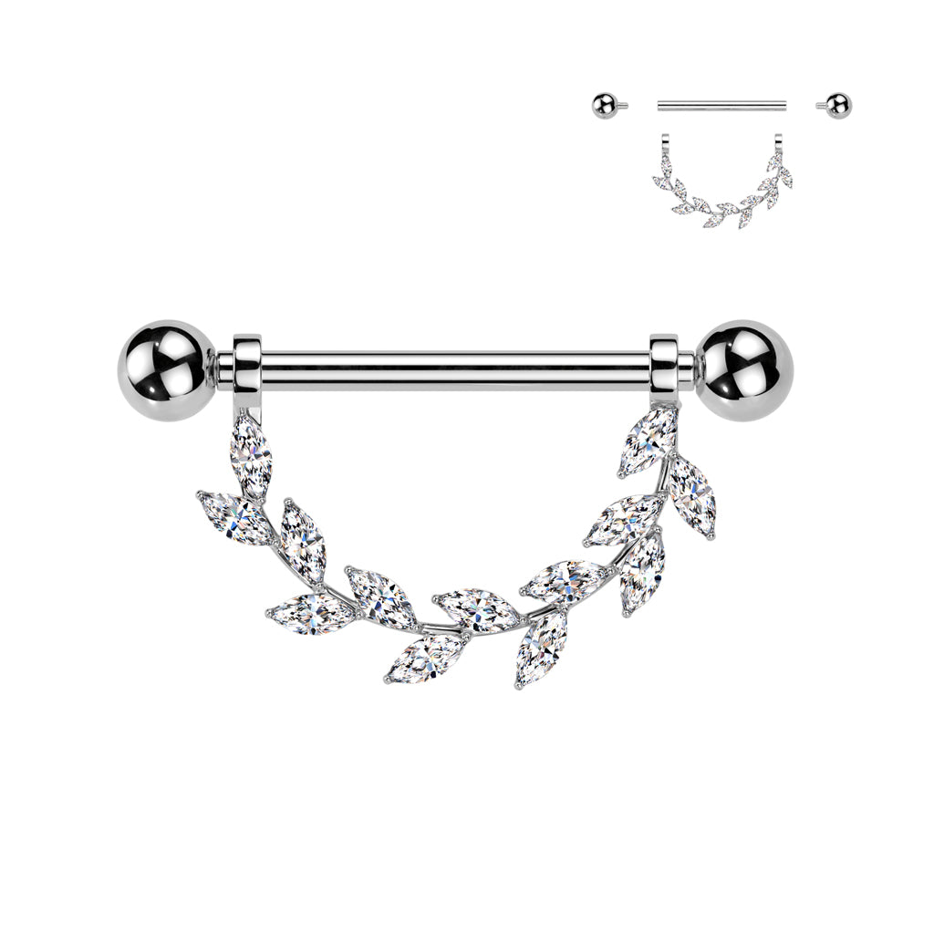 14G 9/16 Clear CZ Gem Implant Grade Titanium Internally Threaded Leaves Dangle Nipple Ring Set