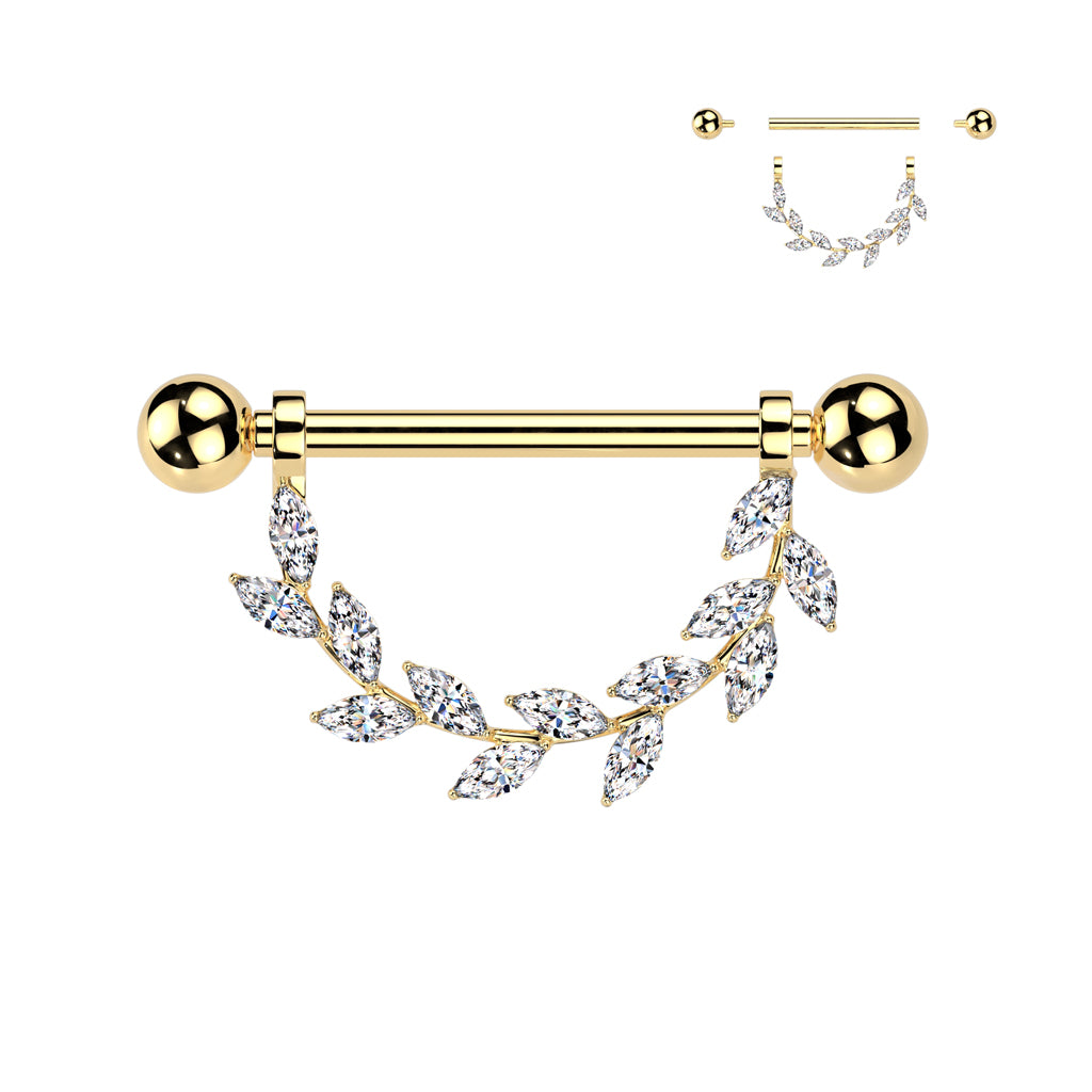 14G 9/16 Clear CZ Gem Implant Grade Titanium Internally Threaded Leaves Dangle Nipple Ring Set