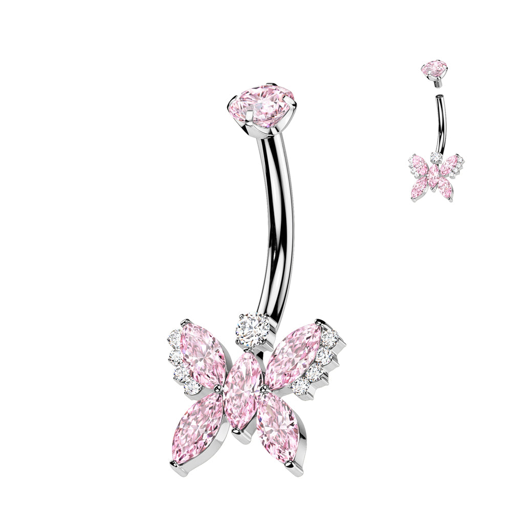 CZ Gem Implant Grade Titanium Internally Threaded Butterfly Belly Ring