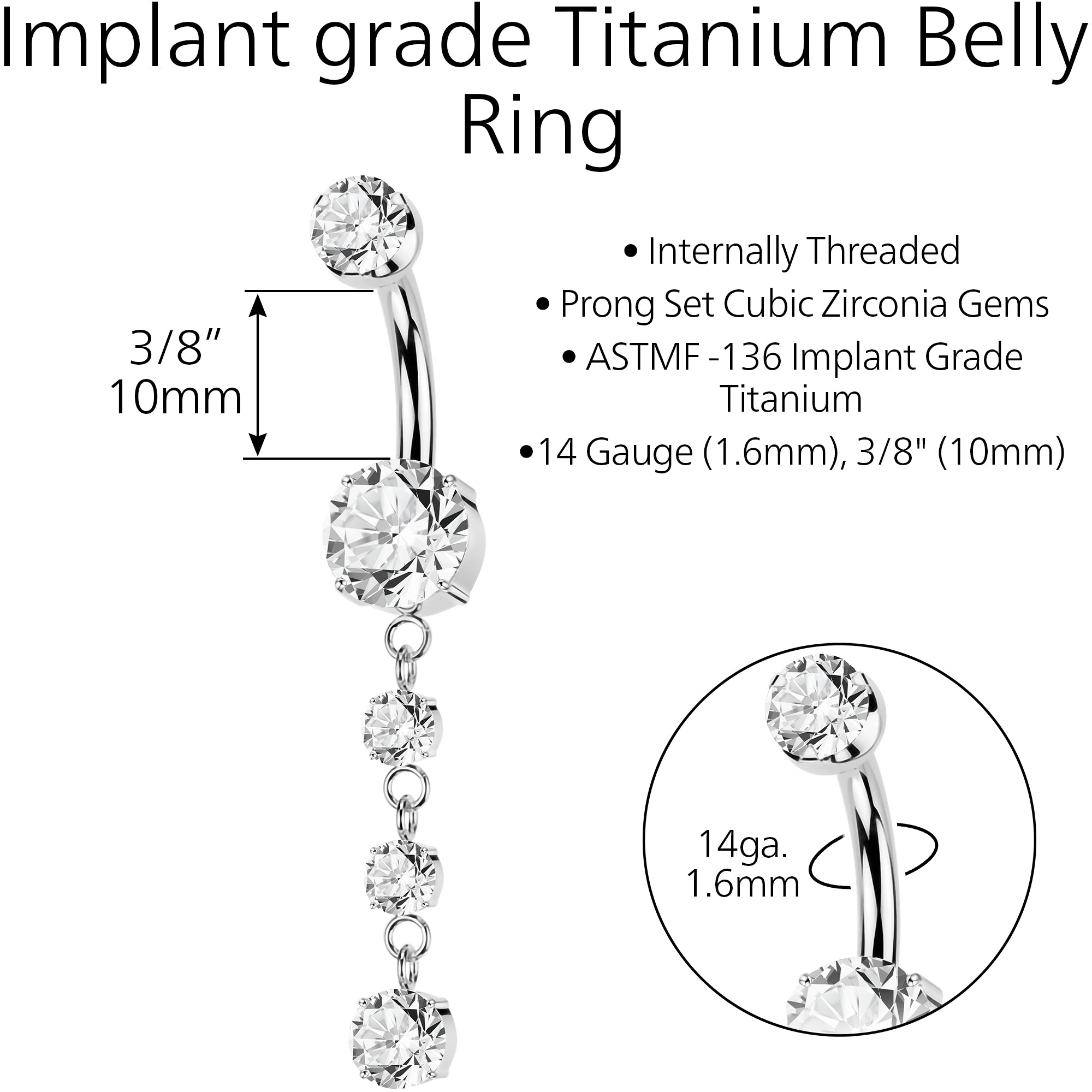 CZ Gem Implant Grade Titanium Internally Threaded Triple Dangle Belly Ring
