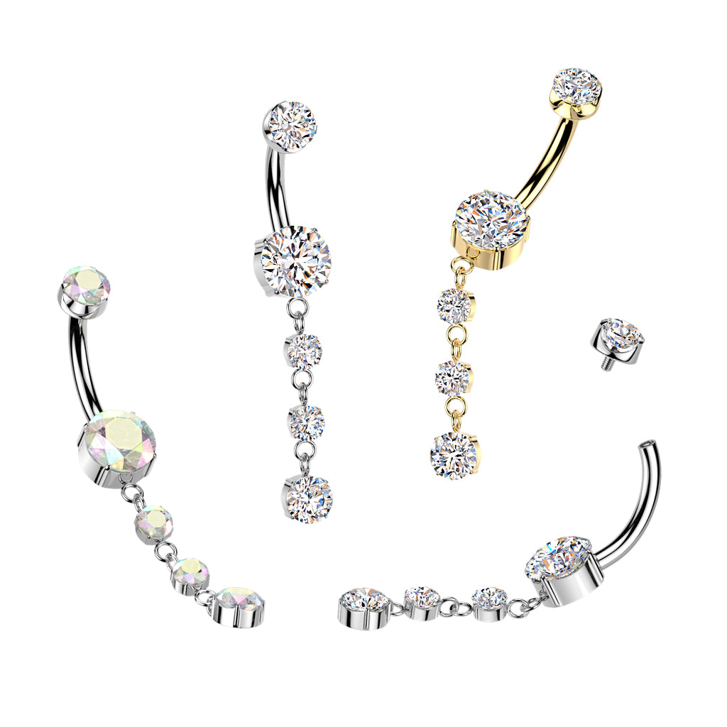 CZ Gem Implant Grade Titanium Internally Threaded Triple Dangle Belly Ring