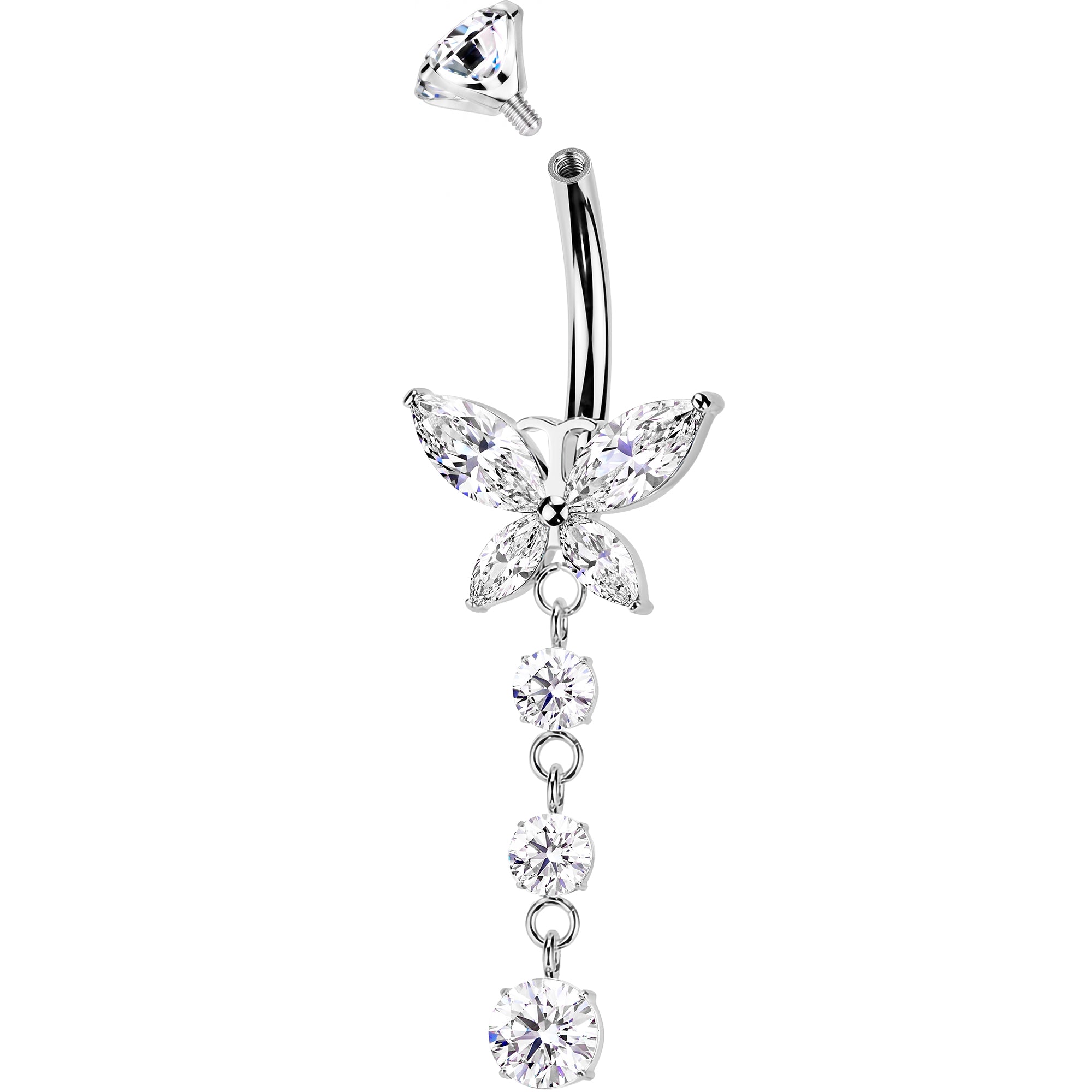 Clear CZ Gem Implant Grade Titanium Internally Threaded Butterfly Dangle Belly Ring